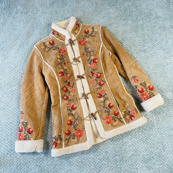 VTG Penny Lane Tan Floral Embroidered Suede Sherpa Toggle Coat Phoebe Friends - Picture 1 of 7